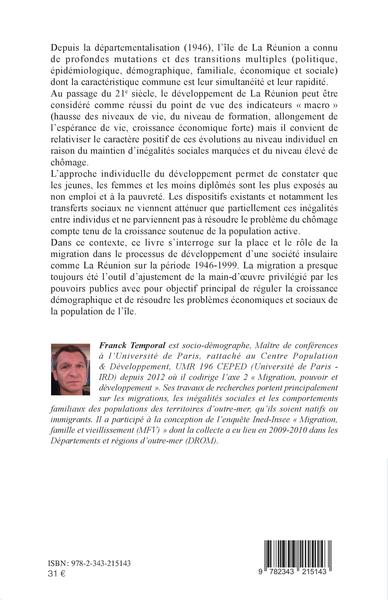 Migrations, emplois et inégalités à l'île de La Réunion (1946-1999), Quel apport pour la compréhension du développement ? (9782343215143-back-cover)