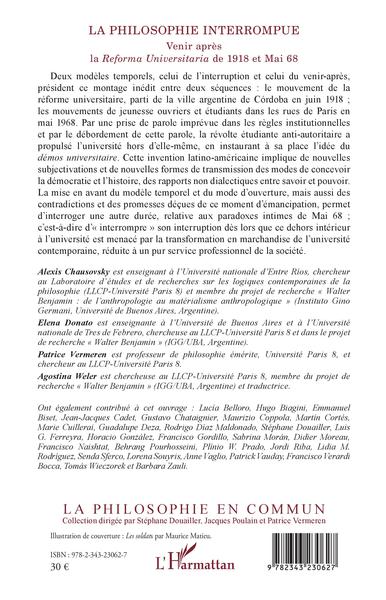 La philosophie interrompue, Venir après la Reforma Universitaria de 1918 et Mai 1968 (9782343230627-back-cover)