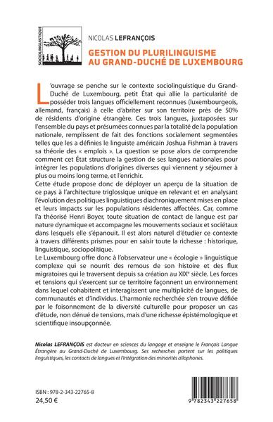 Gestion du plurilinguisme au Grand-Duché de Luxembourg, Politiques linguistiques d'intégration au Luxembourg (9782343227658-back-cover)