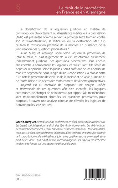 Le droit de la procréation en France et en Allemagne, Etude sur la normalisation de la vie (9782343219950-back-cover)