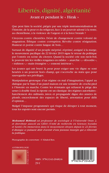 Libertés, dignité, algérianité, Avant et pendant le "Hirak" (9782343204826-back-cover)