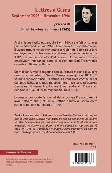 Lettres à Gerda, Septembre 1945 - Novembre 1946 - précédé de Carnets du retour en France (1945) (9782343248974-back-cover)