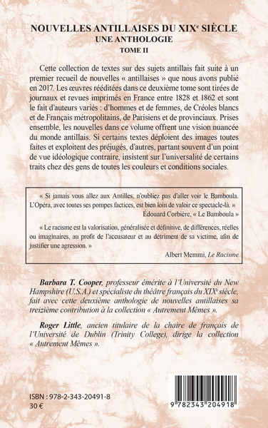 Nouvelles antillaises du XIXe siècle, Une anthologie - Tome II (9782343204918-back-cover)