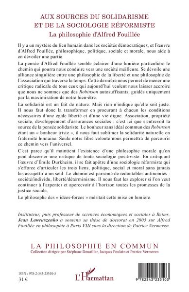 Aux sources du solidarisme et de la sociologie réformiste, La philosophie d'Alfred Fouillée (9782343235103-back-cover)