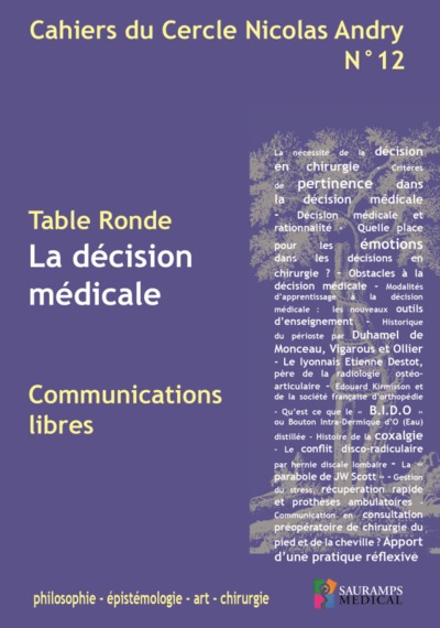 CAHIERS DU CERCLE NICOLAS ANDRY N°12, LA DECISION MEDICALE. PHILO, EPIDEMIOLOGIE, ART, CHIRURGIE (9791030301878-front-cover)