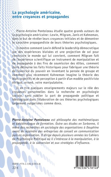 La psychologie américaine, entre croyances et propagandes, Lewin, Milgram, Janis et Kahneman (9782336418148-back-cover)