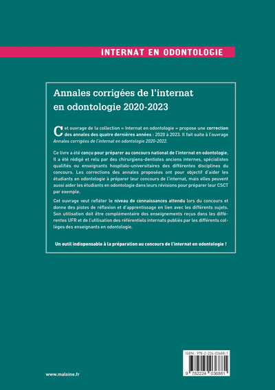 Annales corrigées de l'internat en odontologie 2020-2023 (9782224036881-back-cover)