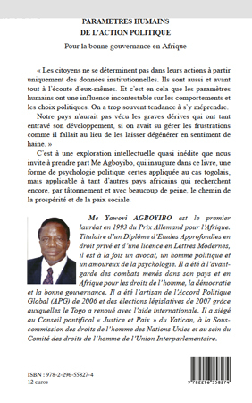 Paramètres humains de l'action politique, Pour la bonne gouvernance en Afrique (9782296558274-back-cover)