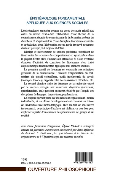 Epistémologie fondamentale appliquée aux sciences sociales (9782296558182-back-cover)