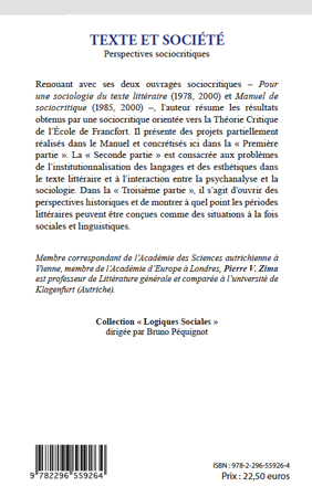 Texte et société, Perspectives sociocritiques (9782296559264-back-cover)