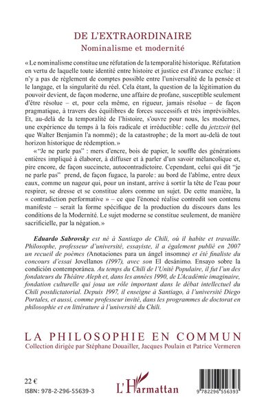 De l'extraordinaire, Nominalisme et modernité (9782296556393-back-cover)