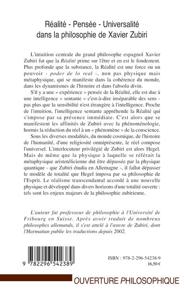 Réalité - Pensée - Universalité, Dans la philosophie de Xavier Zubiri - Suivi de Xavier Zubiri, La respectivité du réel (9782296542389-back-cover)