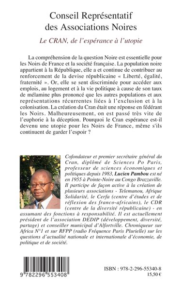 Conseil Représentatif des Associations Noires, Le CRAN, de l'espérance à l'utopie (9782296553408-back-cover)