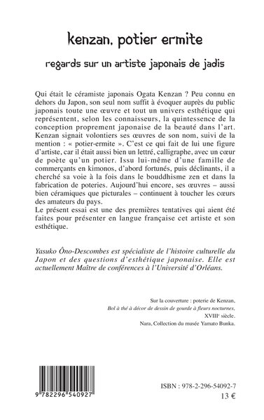 Kenzan, potier ermite, Regards sur un artiste japonais de jadis (9782296540927-back-cover)