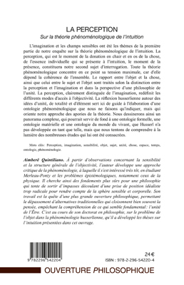 La perception, Sur la théorie phénomélogique de l'intuition - Deuxième partie (9782296542204-back-cover)