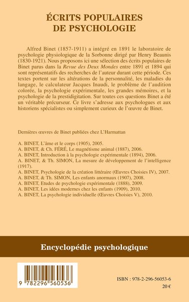 Ecrits populaires de psychologie (9782296560536-back-cover)