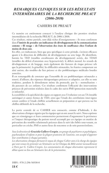 Cahiers de PREAUT, Remarques cliniques sur les résultats intermédiaires de la recherche PREAUT (2006-2010) (9782296569300-back-cover)