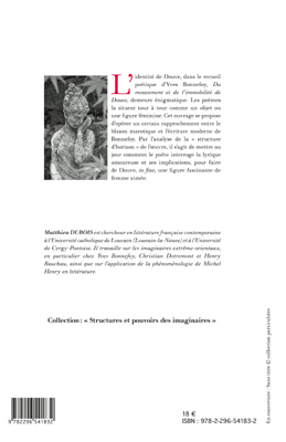 Figuration contemporaine de la poésie amoureuse, De mouvement et de l'immobilité de Douve d'Yves Bonnefoy (9782296541832-back-cover)