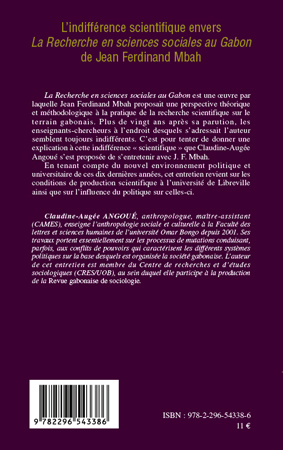 L'indifférence scientifique envers "La recherche en sciences sociales au Gabon" de Jean-Ferdinand Mbah (9782296543386-back-cover)