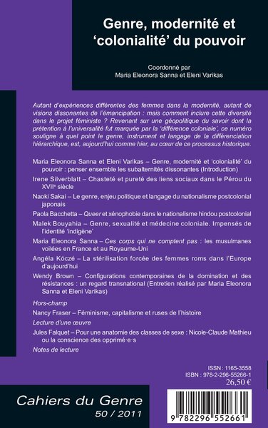 Cahiers du Genre, Genre, modernité et 'colonialité' du pouvoir (9782296552661-back-cover)