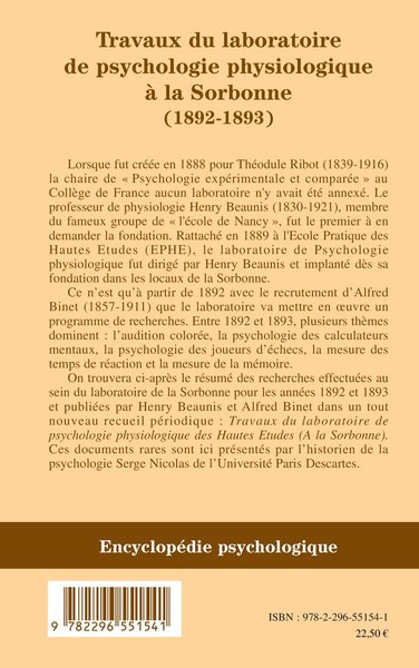 Travaux du laboratoire de psychologie physiologique à la Sorbonne (1892-1893) (9782296551541-back-cover)