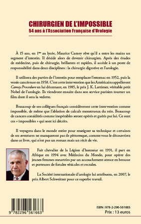 Chirurgien de l'impossible, 54 ans à l'Association Francaise d'Urologie (9782296561663-back-cover)