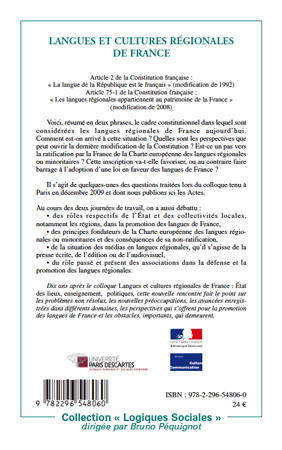 Langues et cultures régionales de France, Dix ans après - Cadre légal, politiques, médias (9782296548060-back-cover)