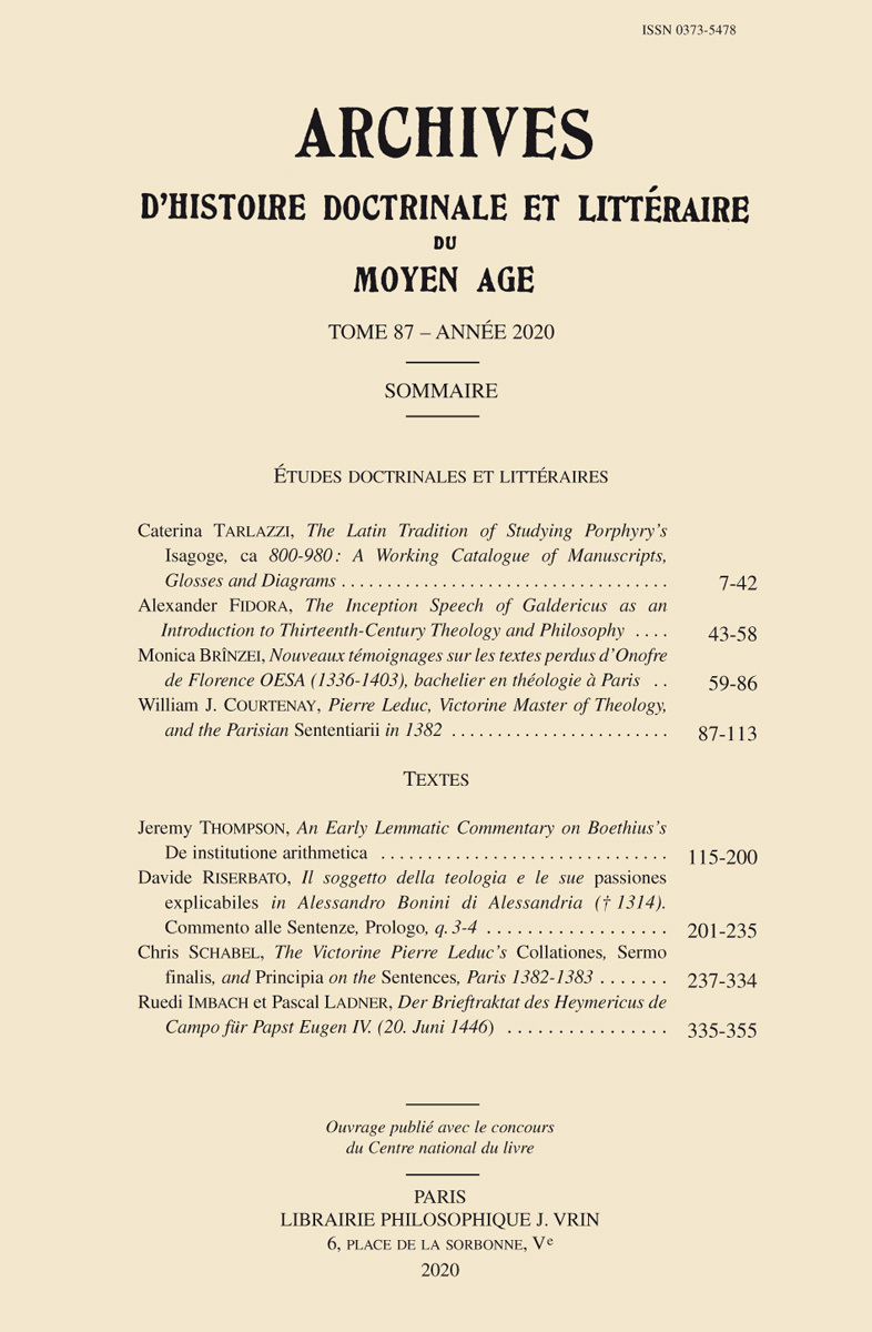 Archives d'Histoire littéraire et doctrinale du Moyen Âge LXXXVII – 2020