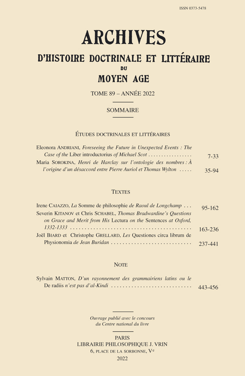 Archives d'Histoire littéraire et doctrinale du Moyen Âge LXXXIX – 2022