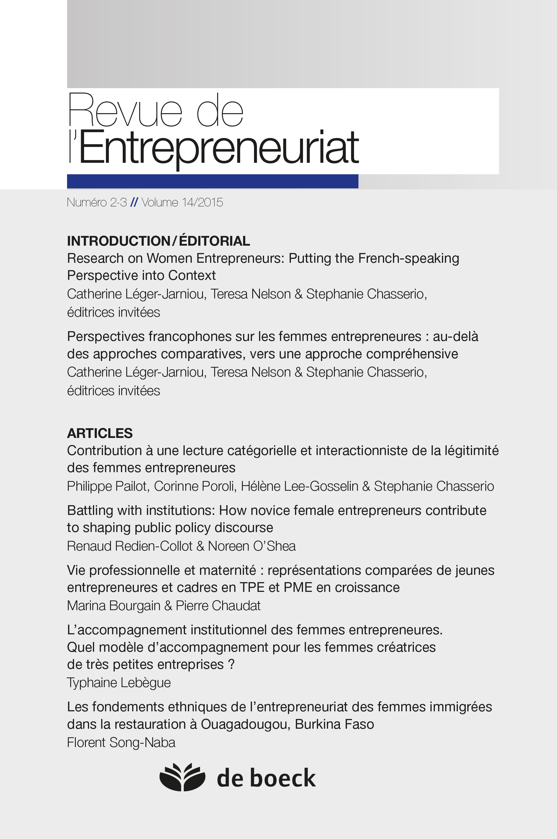 REVUE DE L'ENTREPRENEURIAT 2015/2-3 VOL.14