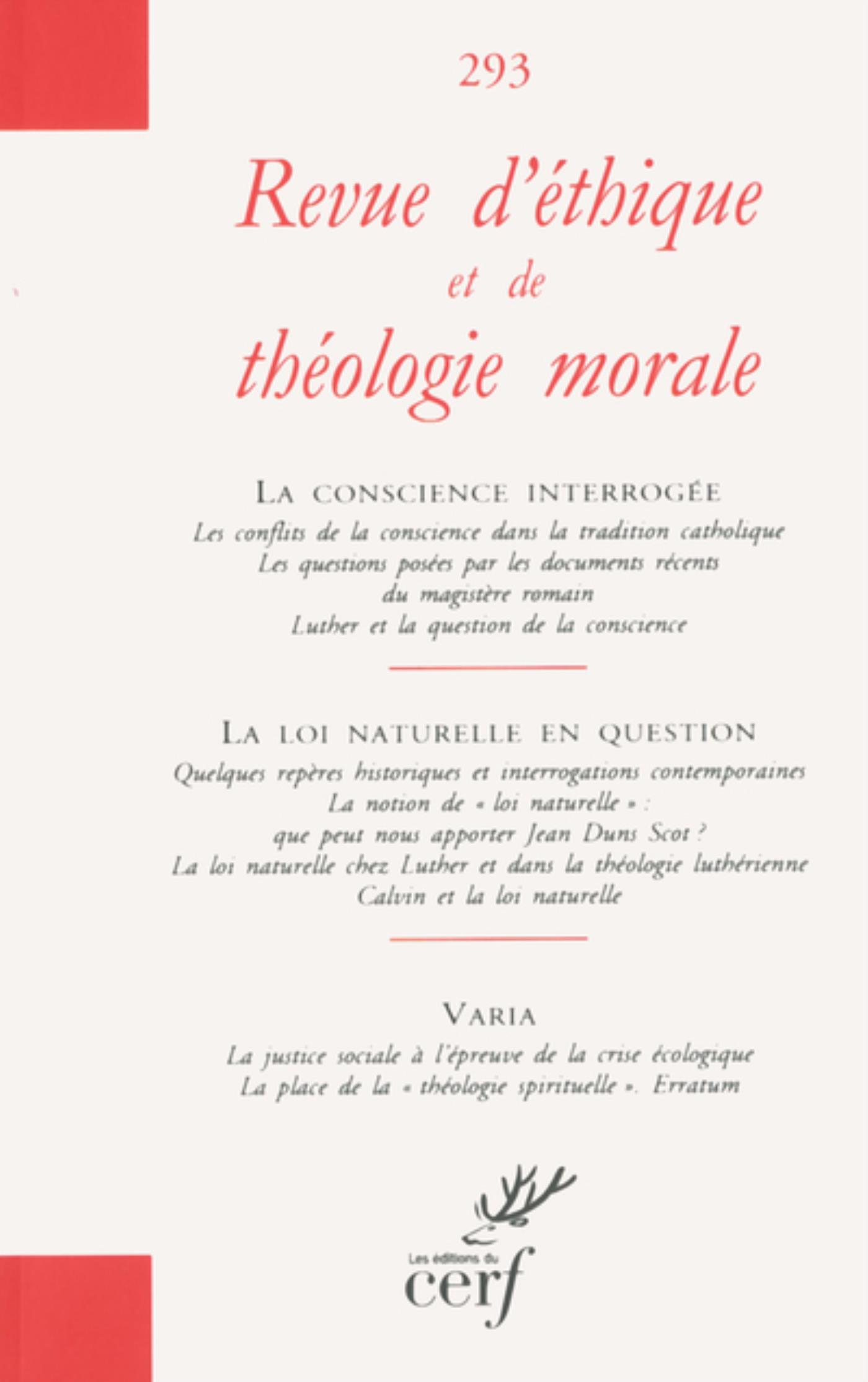 REVUE D'ETHIQUE ET DE THEOLOGIE MORALE NUMERO 293
