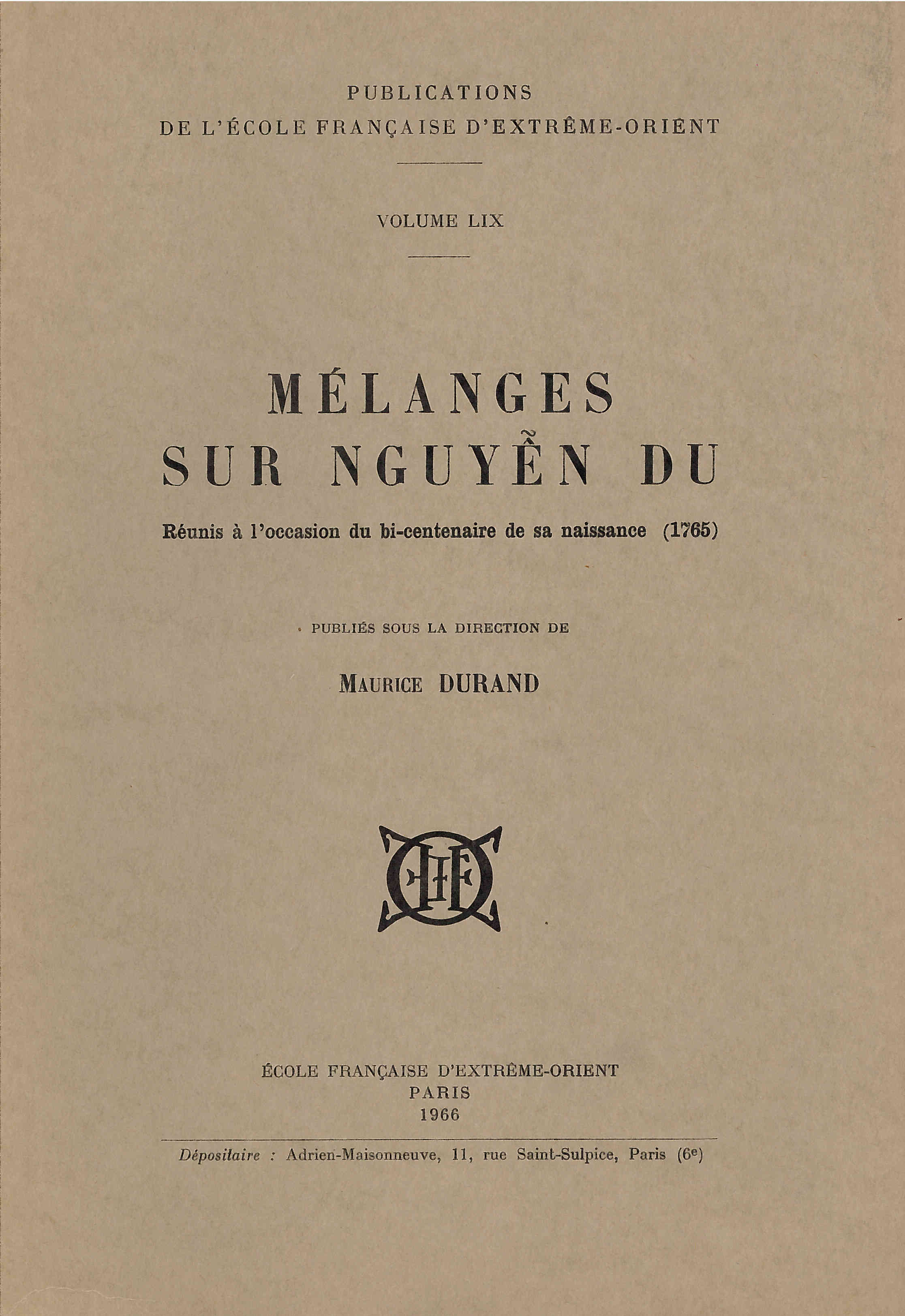 Mélanges sur Nguyen Du réunis à l'occasion du bi-centenaire de sa naissance (1765)