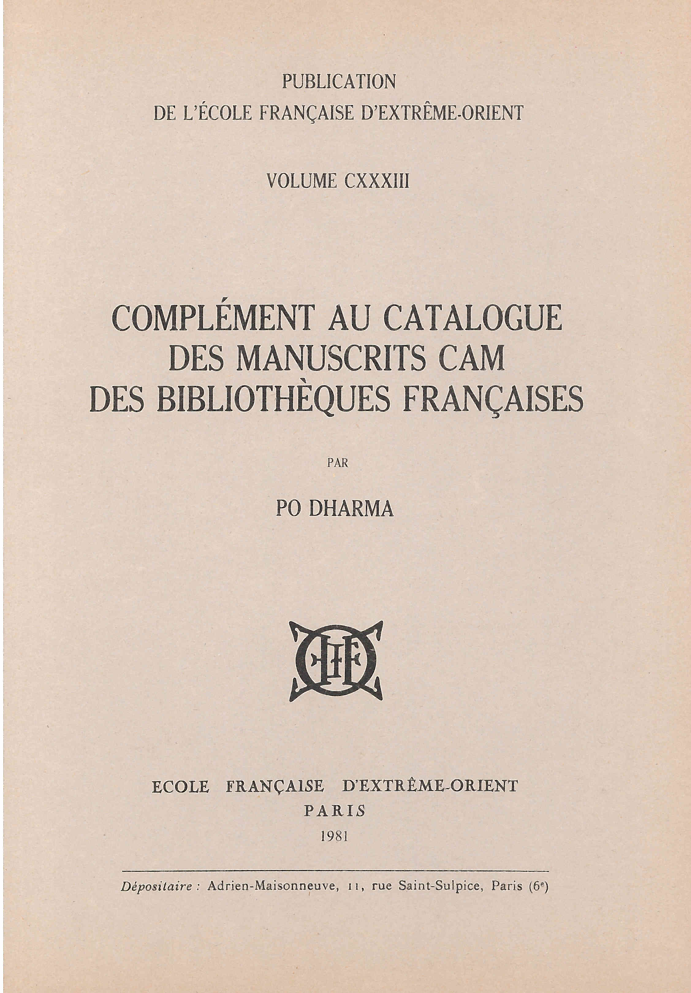 Complément au catalogue des manuscrits cam des bibliothèques françaises