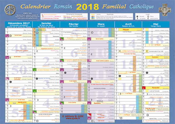 CALENDRIER FAMILIAL CATHOLIQUE 2018 A4. CALENDRIER ROMAIN MURAL PLIÉ