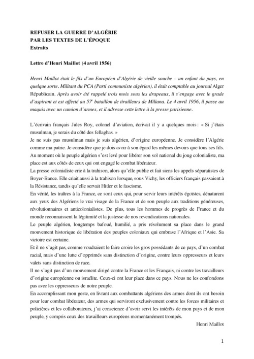 Résister la guerre d'Algérie, par les textes de l'époque