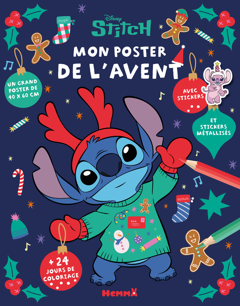 Disney Stitch - Mon poster de l'Avent - 24 jours de coloriage - Un grand poster de 40x60cm - Avec stickers et stickers métallisés