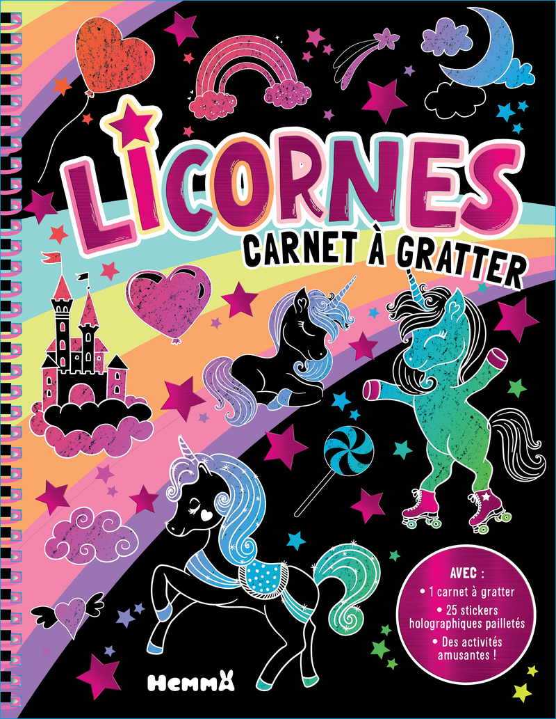 Licornes - Carnet à gratter - Avec 1 carnet à gratter, 25 stickers holographiques pailletés, des activités amusantes !