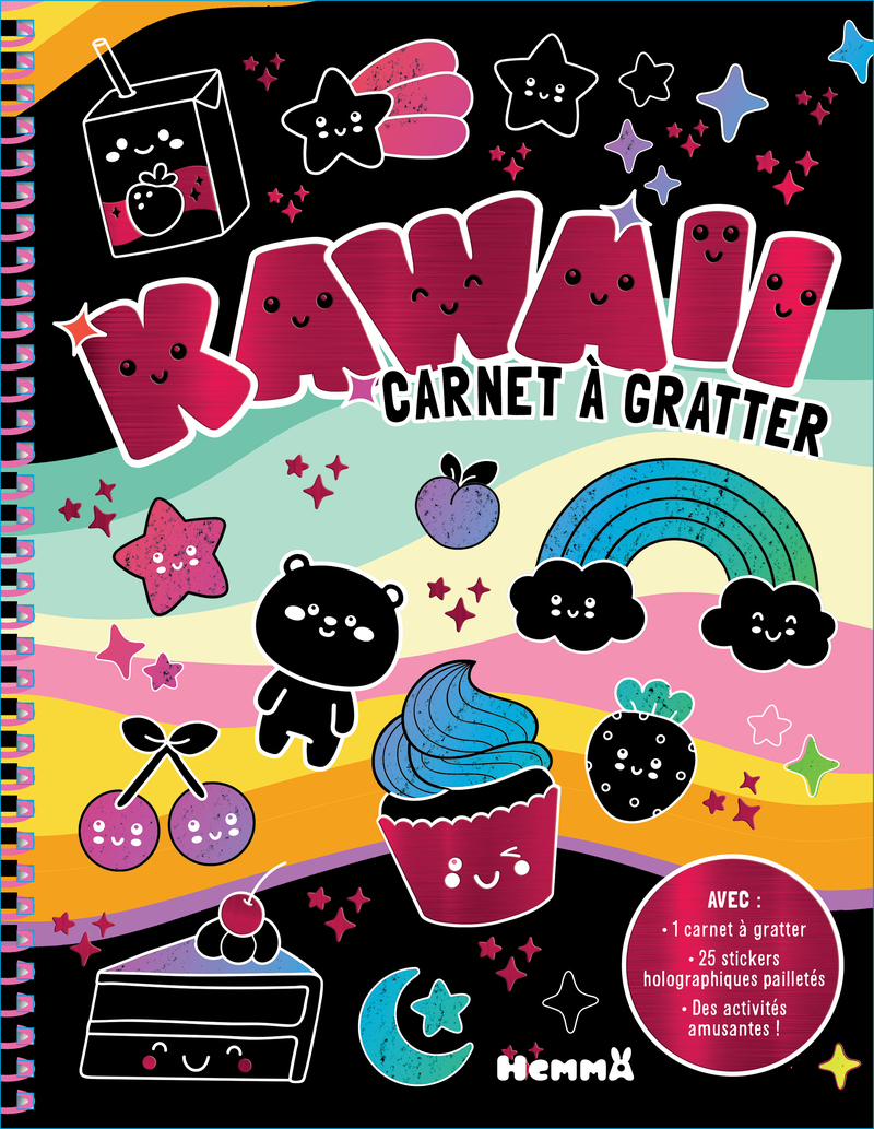 Kawaii - Carnet à gratter - Avec 1 carnet à gratter, 25 stickers holographiques pailletés, des activités amusantes !