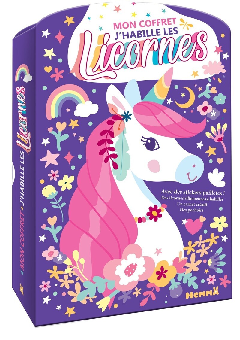 Mon coffret J'habille les licornes - Avec des stickers pailletés ! Des licornes silhouettées à habiller, un carnet créatif, des pochoirs