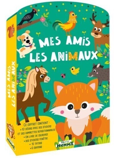 Mon P'tit Hemma - Mes amis les animaux - Ce coffret contient: 10 décors avec des stickers et des gommettes repositionnables, un livre de coloriage, des stickers fenêtre, 16 tattoos, 6 crayons