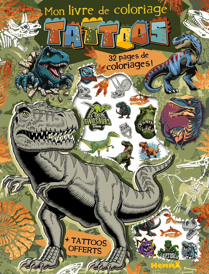 Mon livre de coloriage tattoos (Dinos) - 32 pages coloriages ! + tattoos offerts