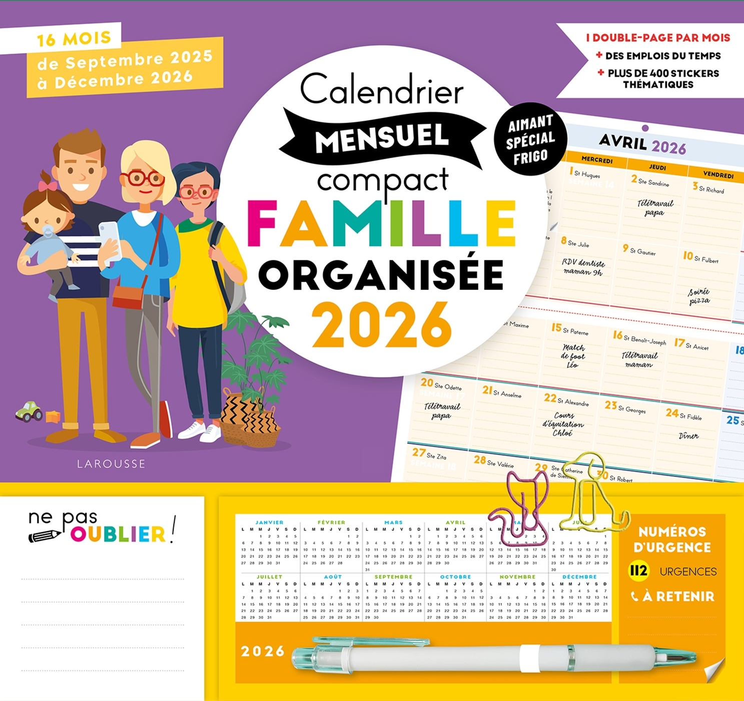 Calendrier mensuel compact famille organisée 2026