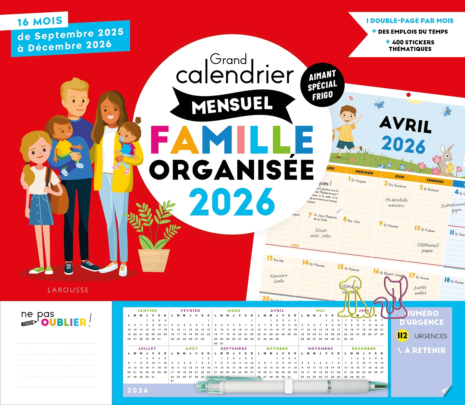 Grand calendrier mensuel Famille organisée 2026