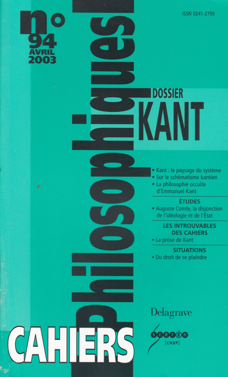 CAHIERS PHILOSOPHIQUES, N. 94 (1/2003) KANT