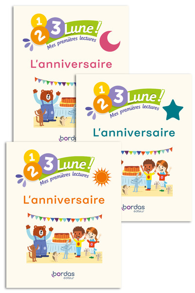 1, 2, 3, Lune ! - Mes premières lectures - L'Anniversaire (pack 1 album soleil + 1 album étoile + 1 album lune)