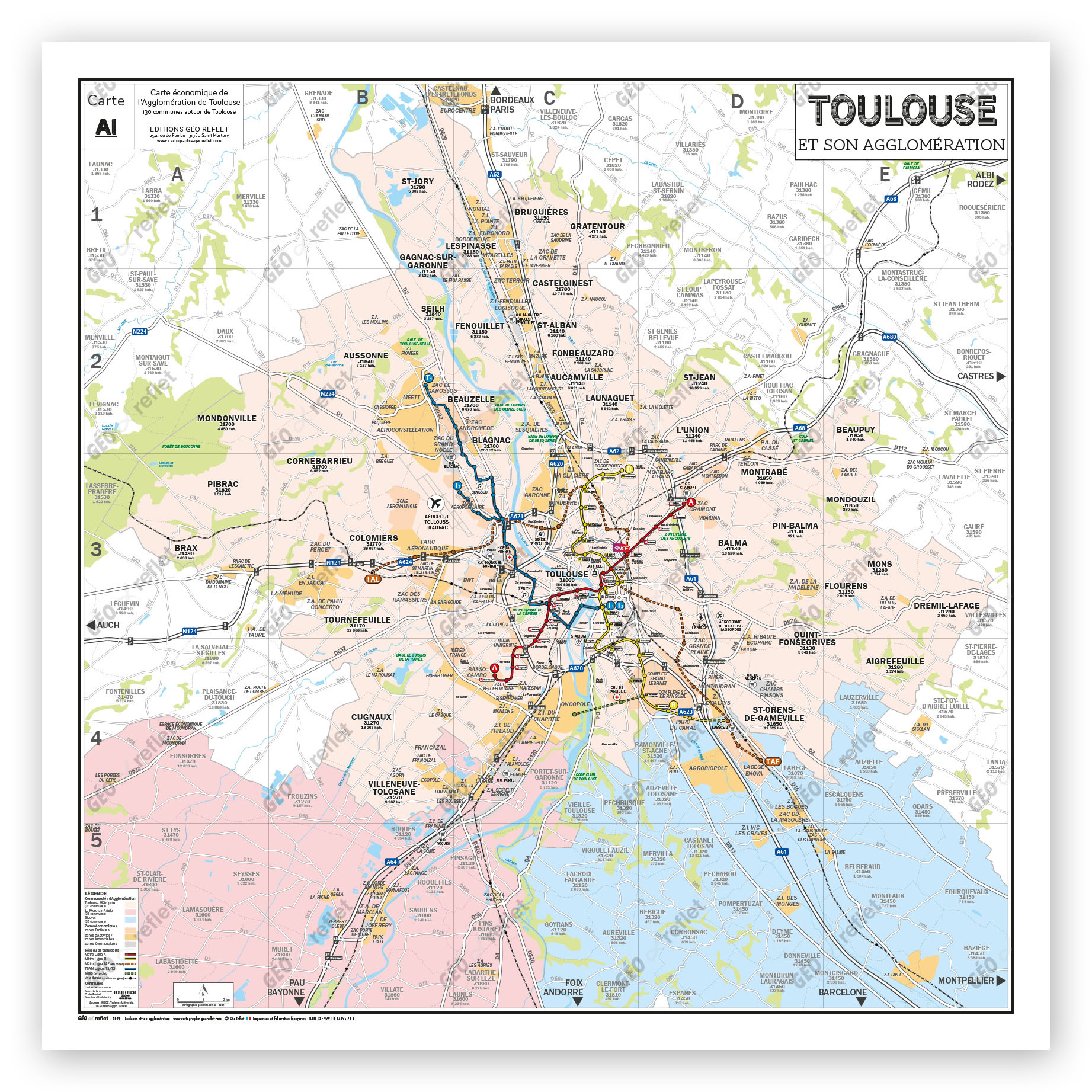 Carte de Toulouse et son Agglomération - Poster Plastifié 120x120cm