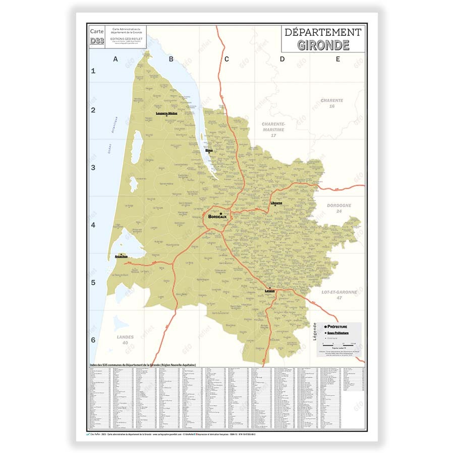 Carte administrative du département de la Gironde - Poster Plastifié 70x100cm
