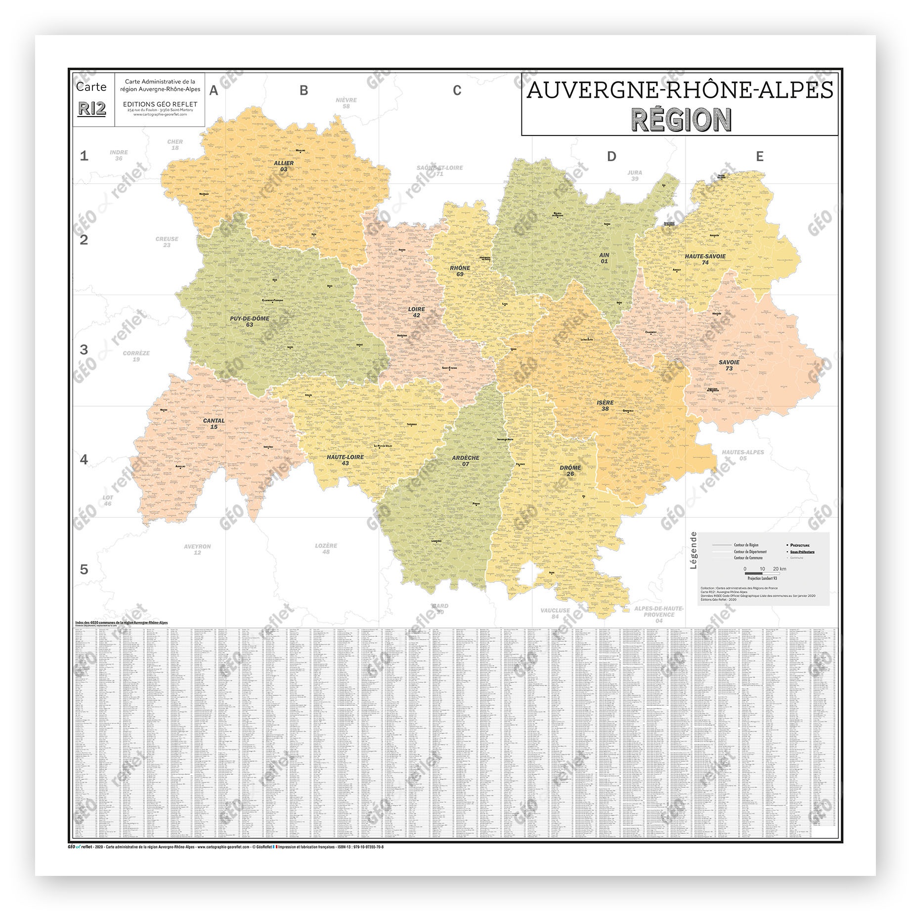 Carte Administrative de la Région Auvergne-Rhône-Alpes - Poster Plastifié 120x120cm