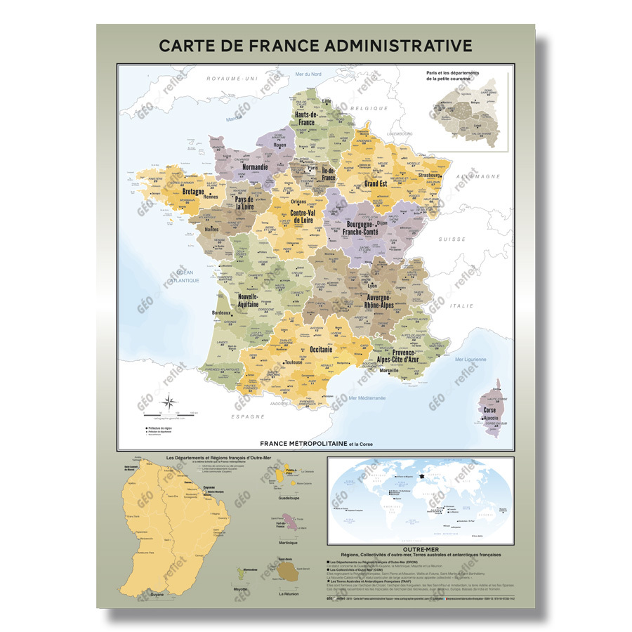 Carte de France Administrative - Modèle Topaze - Affiche 60x80cm