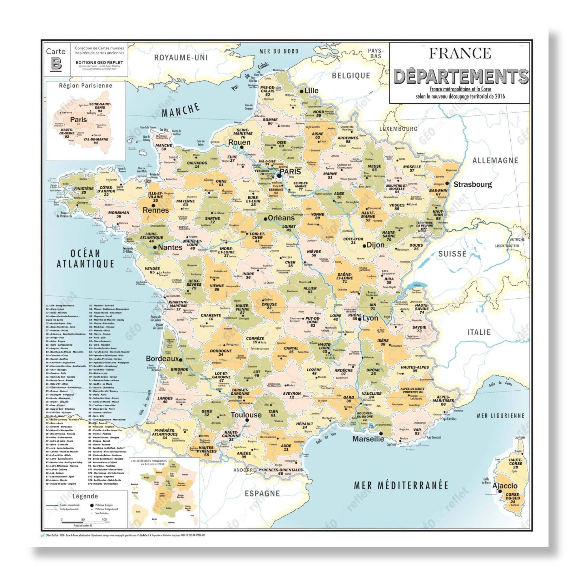 Carte de France Administrative des Départements - Modèle Vintage - Poster Plastifié 100x100
